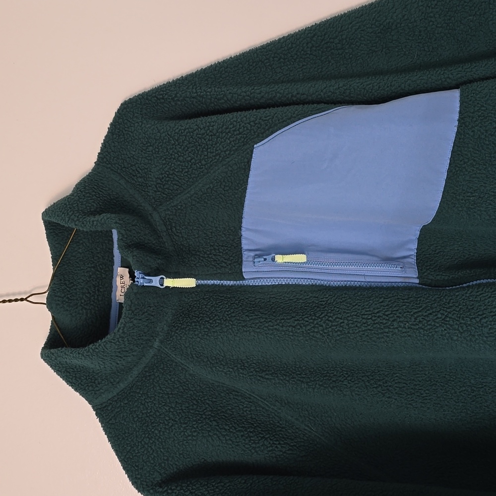 J. Crew Green Teddy Bear Fleece Zip Front Jacket Blue Accents - Picture 3 of 10